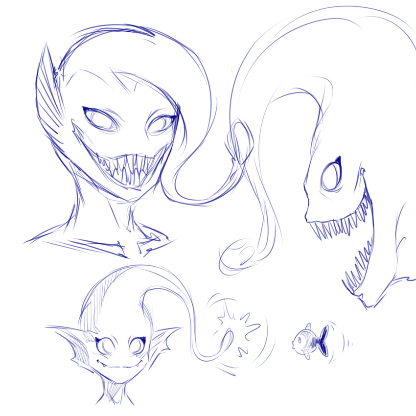 2016 anglerfish blue_and_white ear_fins female fin fish fish_humanoid humanoid looking_at_viewer marine monochrome plagueofgripes sharp_teeth simple_background sketch sketch_page smile solo teeth white_background