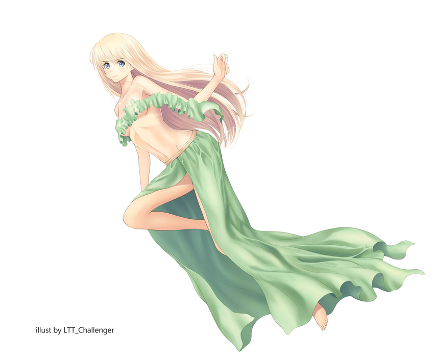 absurdres bare_shoulders barefoot blonde_hair blue_eyes breasts cleavage full_body groin highres leg_up long_hair ltt_challenger medium_breasts navel original signature simple_background smile solo underwear white_background