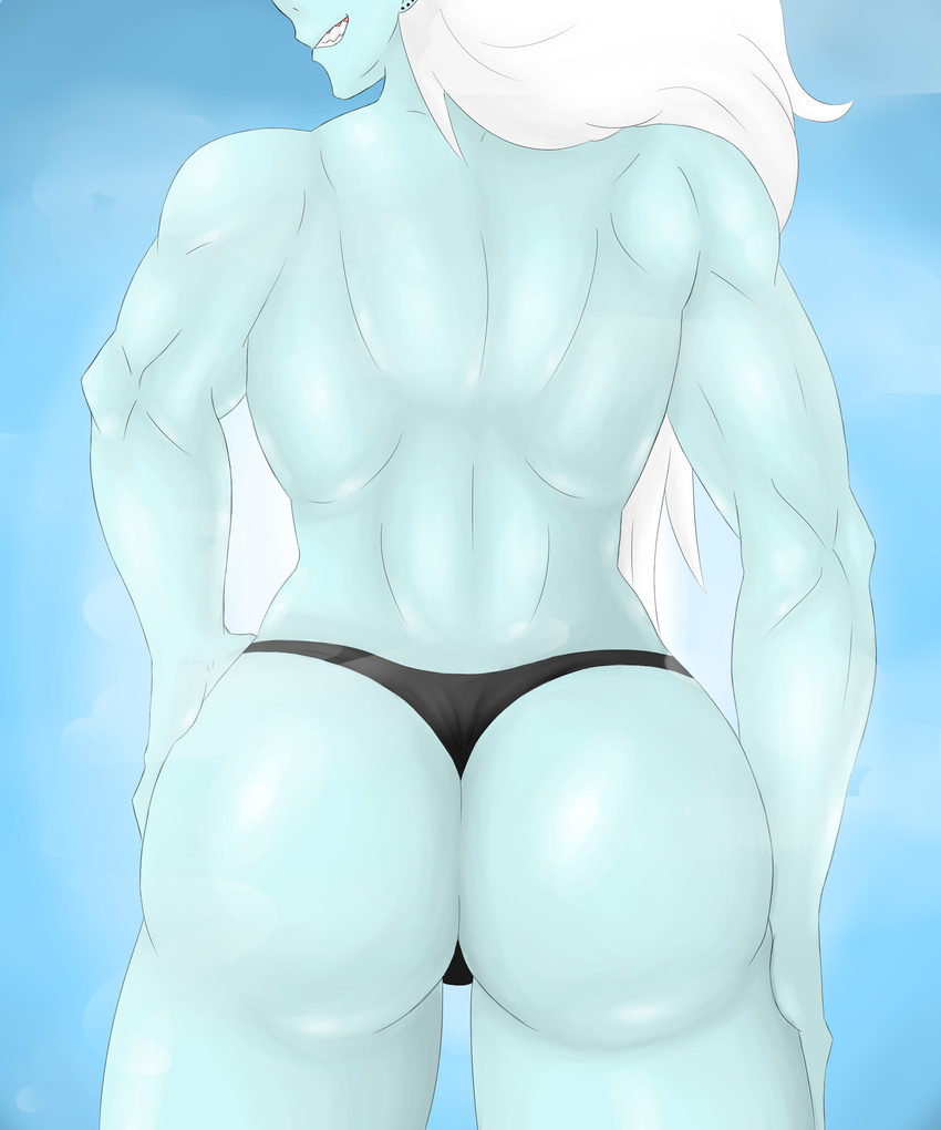 abs bloodcifer blue_skin clenched_teeth clothed clothing demon female grin hair horn humanoid muscular muscular_female not_furry pointy_ears solo teeth