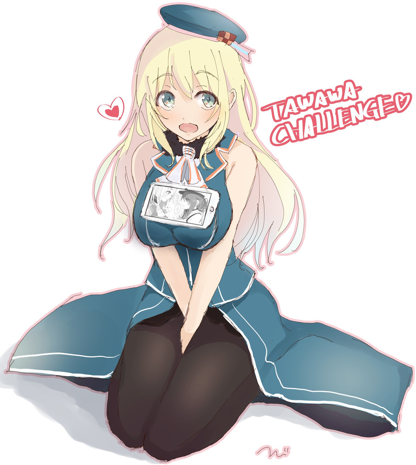 atago_(kantai_collection) bare_shoulders beret between_legs black_legwear blonde_hair blue_eyes breasts commentary_request eyebrows eyebrows_visible_through_hair hat highres kantai_collection large_breasts long_hair looking_at_viewer object_on_breast open_mouth pantyhose seiza simple_background sitting solo tawawa_challenge tebi_(tbd11) white_background