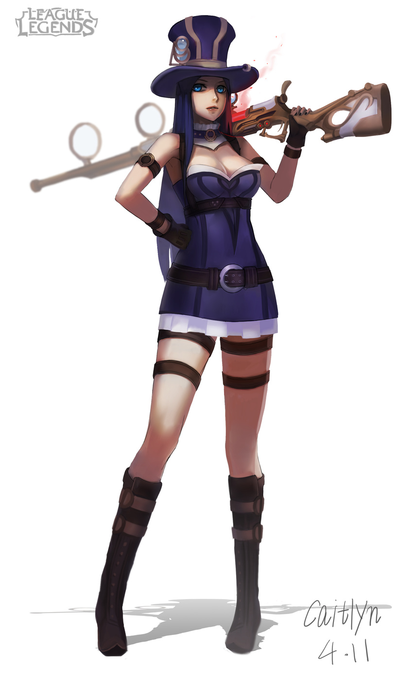 absurdres armlet armpits bare_shoulders belt black_gloves blue_dress blue_eyes blue_hair boots breasts brown_footwear caitlyn_(league_of_legends) character_name cleavage closed_mouth commentary copyright_name dated dress fingerless_gloves full_body gloves gun hand_on_hip hat highres holding holding_gun holding_weapon hou_akira league_of_legends long_hair looking_at_viewer medium_breasts rifle short_dress solo standing thigh_strap top_hat weapon white_background