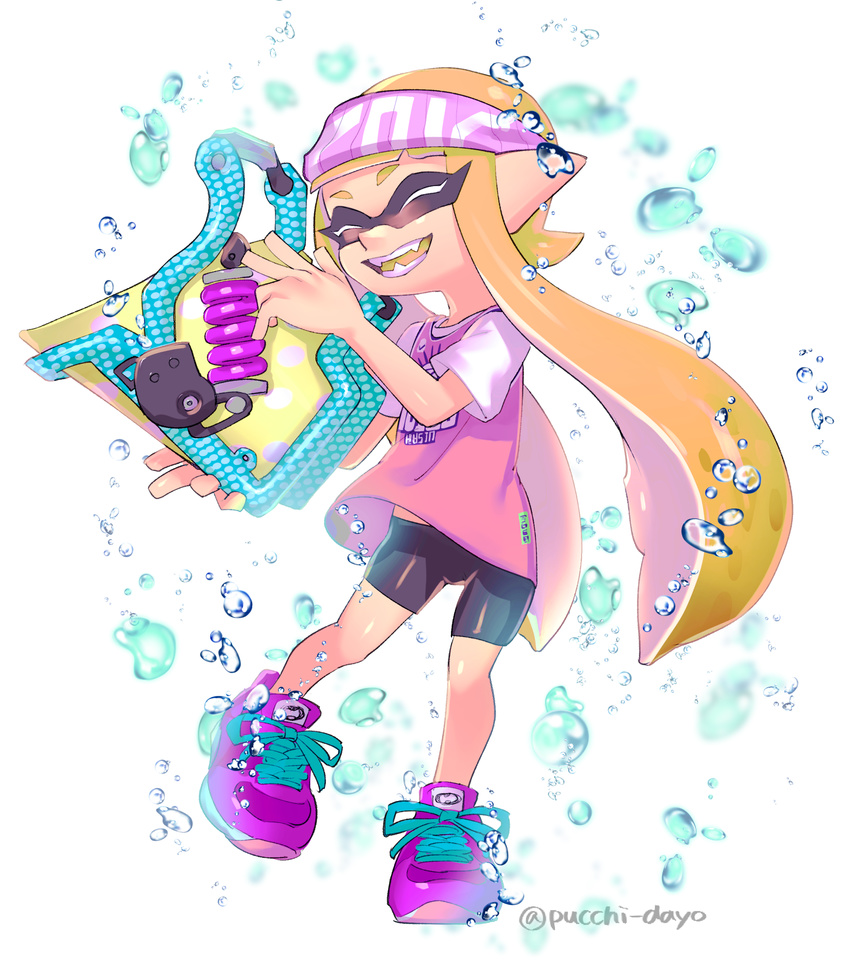 air_bubble bangs basketball_uniform bike_shorts black_shorts blunt_bangs bubble closed_eyes domino_mask fangs full_body headband highres holding holding_weapon inkling long_hair mask open_mouth orange_hair pointy_ears puchiman purple_footwear shirt shoes shorts slosher_(splatoon) smile sneakers solo splatoon_(series) splatoon_1 sportswear standing tentacle_hair twitter_username weapon white_background