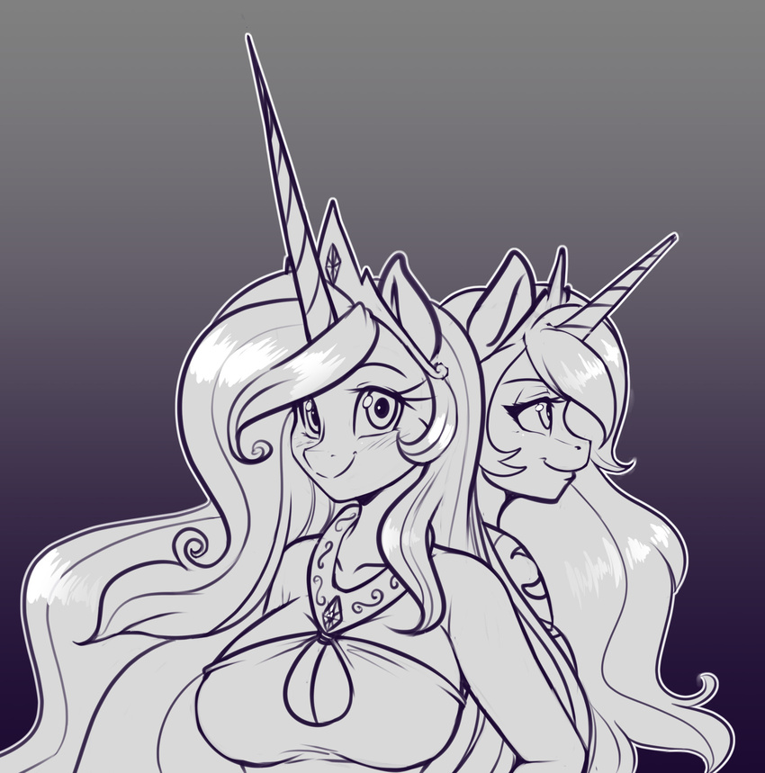 2016 anthro anthrofied blush breasts cleavage clothed clothing duo equine female friendship_is_magic gradient_background hair hi_res horn long_hair looking_at_viewer mammal monochrome my_little_pony princess_celestia_(mlp) princess_luna_(mlp) scorpdk sibling simple_background sisters smile unicorn