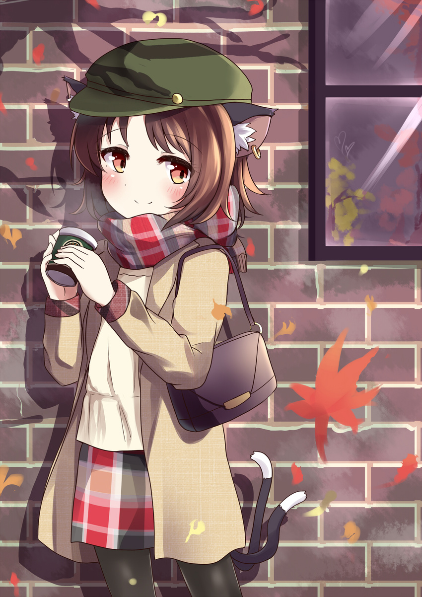animal_ears autumn autumn_leaves bag black_legwear brown_hair casual cat_ears cat_tail chen contemporary earrings hat highres jewelry looking_to_the_side multiple_tails pantyhose plaid plaid_scarf plaid_skirt red_eyes scarf short_hair skirt smile solo soramuko tail touhou window