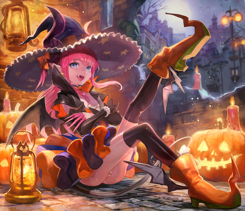 blue_eyes candle dragon_tail elizabeth_bathory_(fate) elizabeth_bathory_(fate)_(all) elizabeth_bathory_(halloween)_(fate) fangs fate/extra fate/grand_order fate_(series) halloween highres horns jack-o'-lantern lack lantern long_hair panties pink_hair pink_panties pointy_ears pointy_shoes shoes smile solo striped striped_panties tail underwear