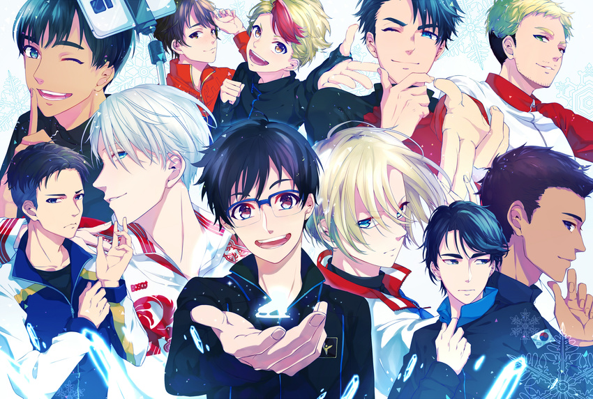 absurdres black_hair blonde_hair blue_eyes brown_eyes brown_hair christophe_giacometti facial_hair freckles gari_(apollonica) glasses green_eyes highres jacket jean-jacques_leroy ji_guang-hong katsuki_yuuri lee_seung-gil male_focus michele_crispino minami_kenjirou multicolored_hair multiple_boys open_mouth otabek_altin phichit_chulanont red_hair self_shot selfie_stick silver_hair smile snowflakes track_jacket viktor_nikiforov yuri!!!_on_ice yuri_plisetsky