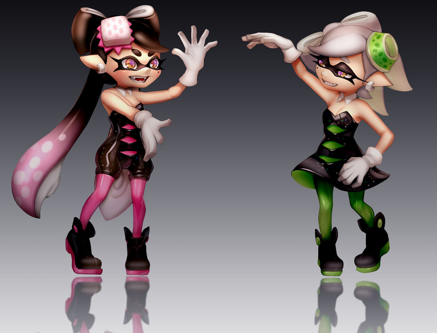 2girls ankle_boots aori_(splatoon) black_background black_dress black_footwear black_hair boots cousins detached_collar domino_mask dress earrings fangs food food_on_head full_body gloves gradient gradient_background green_legwear grey_hair highres hotaru_(splatoon) jewelry long_hair looking_at_another mask mole mole_under_eye multiple_girls object_on_head open_mouth pantyhose pointy_ears puchiman purple_legwear reflection short_dress short_hair short_jumpsuit smile smirk splatoon_(series) splatoon_1 strapless strapless_dress tentacle_hair white_gloves