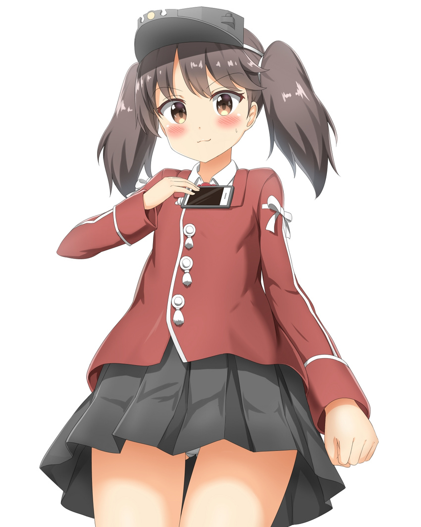 blush brown_eyes brown_hair cellphone clenched_hand commentary_request cowboy_shot eyebrows eyebrows_visible_through_hair flat_chest highres japanese_clothes kantai_collection kariginu long_sleeves nedia_(nedia_region) object_on_breast panties pantyshot pantyshot_(standing) phone pleated_skirt ryuujou_(kantai_collection) simple_background skirt smartphone solo standing tawawa_challenge twintails underwear visor_cap white_background