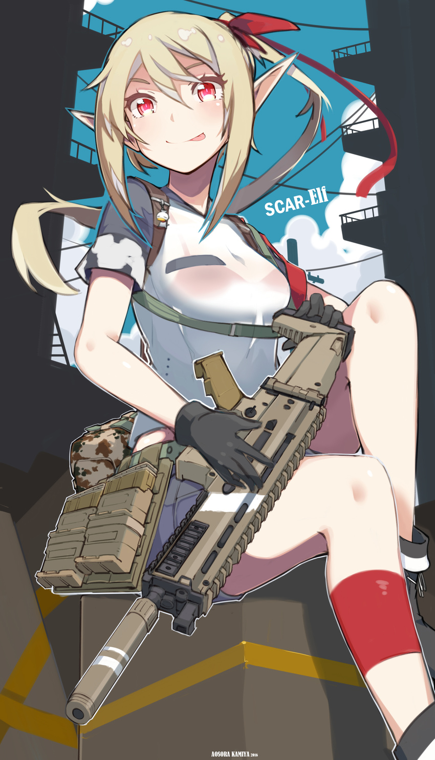 2016 :p absurdres aosora_kamiya assault_rifle black_gloves blonde_hair boots bra breasts cleavage elf fn_scar fn_scar_17 gloves gun hair_ribbon highres leg_up long_hair looking_at_viewer medium_breasts original outdoors pointy_ears ponytail red_bra red_eyes ribbon rifle see-through shorts sitting solo suppressor tongue tongue_out underwear weapon