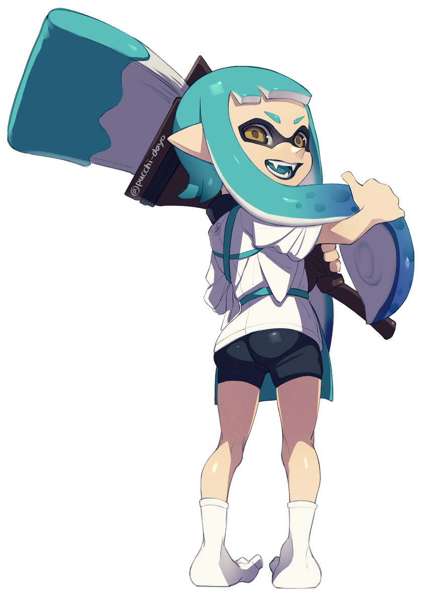 absurdres aqua_hair ass bike_shorts black_shorts brown_eyes fangs full_body highres holding holding_weapon inkling japanese_clothes long_hair looking_at_viewer looking_back octobrush_(splatoon) open_mouth pointy_ears puchiman shirt short_sleeves shorts smile solo splatoon_(series) splatoon_1 standing tabi tentacle_hair twitter_username weapon white_background white_legwear white_shirt