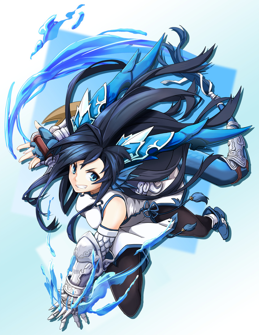 bare_shoulders black_hair boots china_dress chinese_clothes dragon_girl dragon_horns dragon_tail dress fingerless_gloves gloves grin head_fins highres horns karin_(p&amp;d) long_hair pantyhose puzzle_&amp;_dragons side_slit smile solo spiked_knuckles tail very_long_hair water yayilu