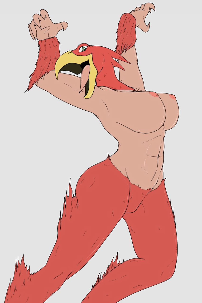 abs armpits avian beak breasts claws crossgender feathers featureless_breasts female green_eyes humanoid jojo's_bizarre_adventure magician's_red methados nipples open_mouth red_feathers solo stand_(jjba) tongue