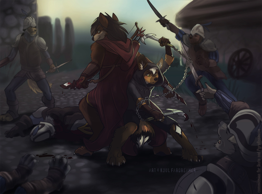 4_toes 5_fingers anthro armor arrow barefoot blood canine chain clothed clothing dagger day digitigrade dog fox holding_object holding_weapon koul male mammal melee_weapon open_mouth outside standing sword teeth toes weapon