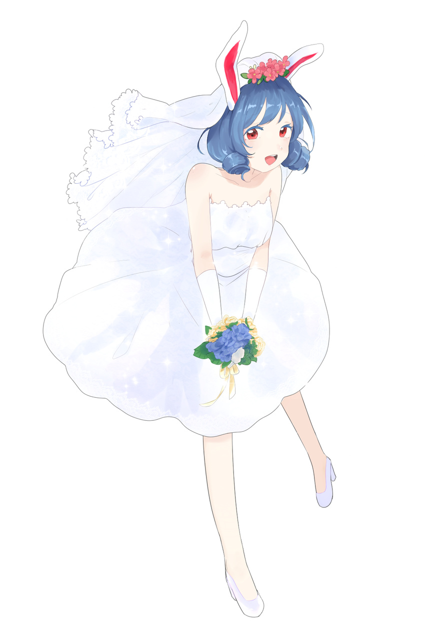 alternate_hairstyle animal_ears bad_id bad_pixiv_id bare_shoulders blue_hair bridal_veil bunny_ears dress drill_hair full_body gloves happy high_heels highres honi open_mouth pale_skin red_eyes seiran_(touhou) short_hair solo strapless strapless_dress touhou transparent_background twin_drills veil wedding wedding_dress white_gloves