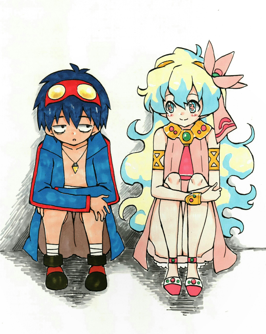 1boy 1girl absurdres armband black_hair commentary_request core_drill dress goggles goggles_on_head highres long_hair marker_(medium) mehonobu_g multicolored_hair nia_teppelin open_clothes open_shirt shirt short_hair simon tengen_toppa_gurren_lagann traditional_media