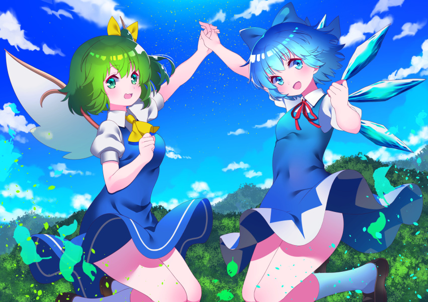 2girls aqua_eyes aqua_hair bow cirno clouds daiyousei dress fairy green_eyes green_hair kneehighs leaves short_hair sky touhou tree wings yuujin_(mhhnp306)