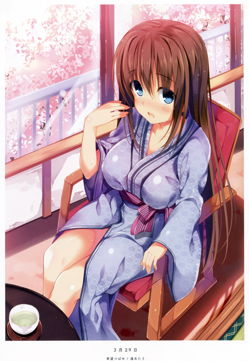 :o absurdres armchair bare_legs bath_yukata blue_eyes border breasts brown_hair chair cherry_blossoms collarbone cup day drink eyebrows eyebrows_visible_through_hair green_tea hair_between_eyes highres huge_filesize indoors japanese_clothes kimono liquid long_hair long_sleeves looking_at_viewer medium_breasts nozomi_tsubame original railing shadow sitting solo spring_(season) sunlight table tareme tatami tea teacup very_long_hair water water_drop wet wet_hair white_border wide_sleeves window yukata