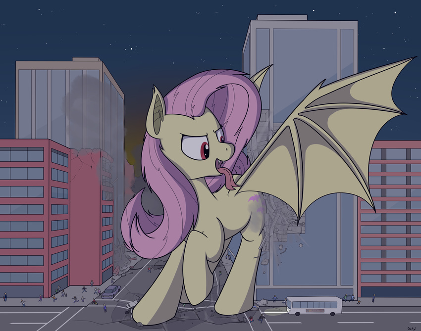 2016 bat_pony city cutie_mark female feral flutterbat_(mlp) fluttershy_(mlp) forked_tongue friendship_is_magic hair hooves long_hair macro my_little_pony outside pink_hair rapidstrike tongue tongue_out wings