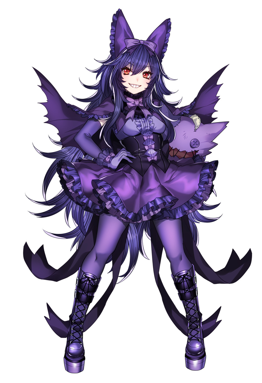belt_boots boots bow cape corset cross-laced_footwear dress elbow_gloves full_body gen_1_pokemon gengar gloves grin highres katagiri_hachigou knee_boots lace-up_boots long_hair pantyhose personification platform_boots pokemon purple_hair red_eyes simple_background smile solo very_long_hair white_background