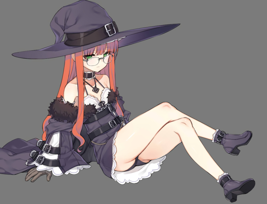 ass boots collar dress glasses gloves gray green_eyes hat kuro_(kuronell) long_hair necklace orange_hair original panties underwear witch witch_hat