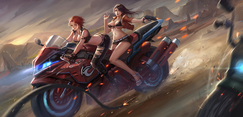 ass bikini breasts facial_mark fingerless_gloves firing gloves ground_vehicle gun handgun high_heels holding holding_gun holding_weapon lalan_fengchu large_breasts long_hair motor_vehicle motorcycle multiple_girls multiple_riders navel original red_hair riding shorts swimsuit torn_clothes weapon