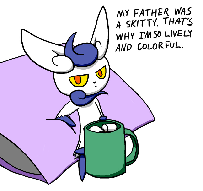 cup fur greyvested hot_cocoa meowstic nintendo orange_eyes pillow pok&eacute;mon text video_games white_fur yellow_sclera