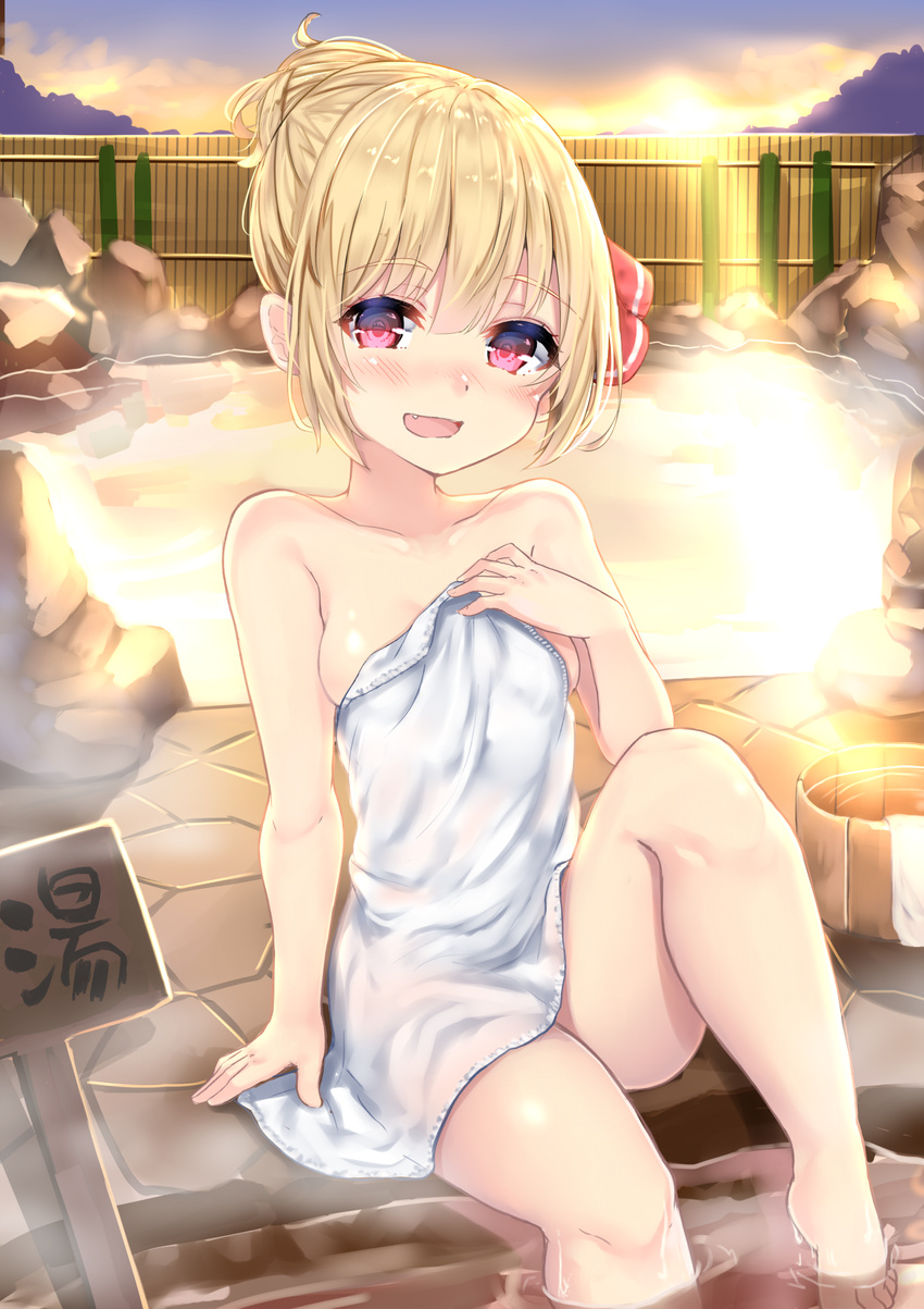 :d arm_at_side arm_support bangs barefoot bath blonde_hair blush breasts bucket collarbone covering eyebrows eyebrows_visible_through_hair fang fence hair_bun hair_up highres knee_up looking_at_viewer nude_cover onsen open_mouth red_eyes rock rumia shiny shiny_skin short_hair sitting sky small_breasts smile soaking_feet solo steam touhou towel water white_towel wooden_bucket wooden_fence wowoguni