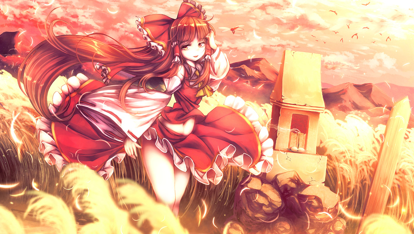 bad_anatomy bad_id bad_pixiv_id bad_proportions bird bow brown_hair bug cloud cloudy_sky cravat dango detached_sleeves dragonfly flock food frilled_skirt frills hair_bow hair_tubes hakurei_reimu half-closed_eyes hand_in_hair incense insect long_hair looking_at_viewer maru_daizu_(aqua6233) midriff mountain navel orange_eyes outdoors parted_lips red_sky ribbon-trimmed_sleeves ribbon_trim rock shrine skirt skirt_set sky solo standing touhou twilight very_long_hair wagashi wind