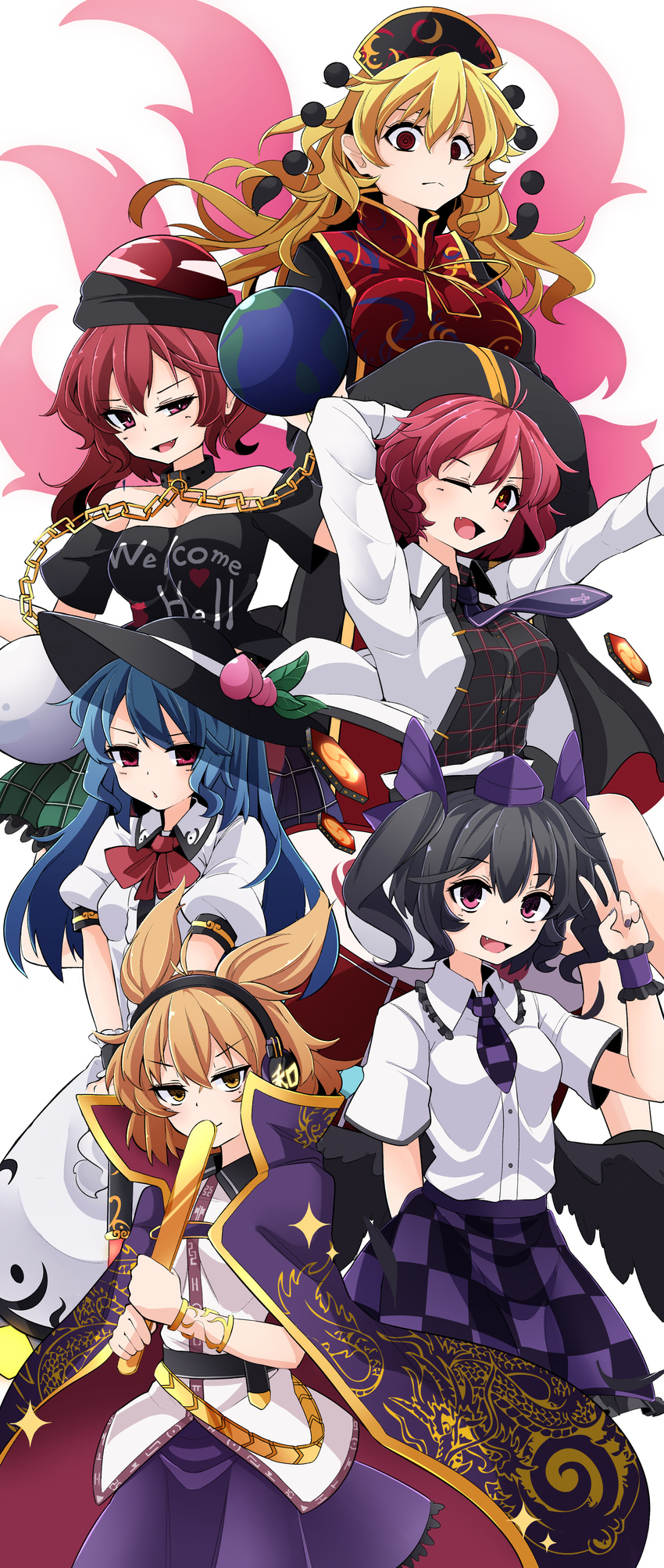 :d absurdres belt black_hat bow bowtie breasts cape clothes_writing commentary_request earmuffs earth_(ornament) food fruit hands_in_opposite_sleeves hat hecatia_lapislazuli highres himekaidou_hatate hinanawi_tenshi horikawa_raiko instrument jacket junko_(touhou) leaf long_hair looking_at_viewer md5_mismatch medium_breasts moon_(ornament) multiple_girls multiple_tails navel necktie open_clothes open_jacket open_mouth peach plaid pointy_hair polos_crown red_bow red_hair red_neckwear rihito_(usazukin) ritual_baton shirt short_hair smile t-shirt tabard taiko_drum tail thighhighs tokin_hat touhou toyosatomimi_no_miko twintails white_jacket wrist_cuffs