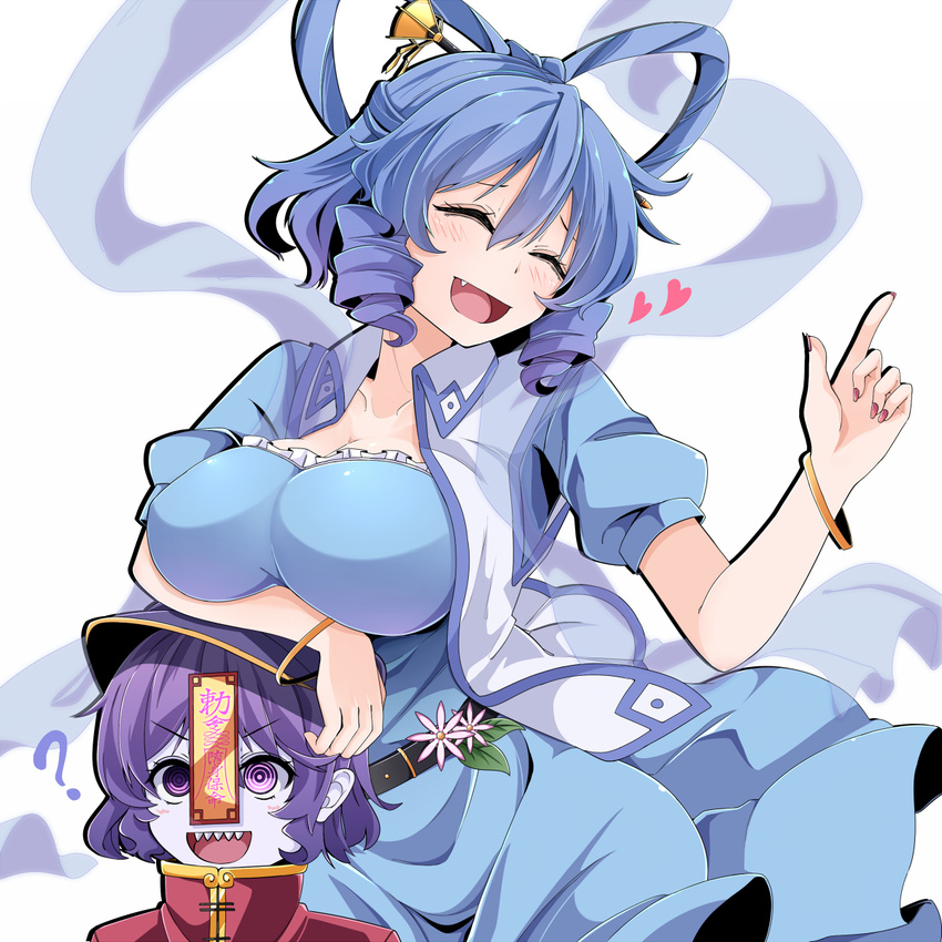 ? bangle bangs belt blue_dress blue_hair blush bracelet breast_rest breasts breasts_on_head closed_eyes collarbone commentary_request dress drill_hair eyebrows eyebrows_visible_through_hair fang flower hair_between_eyes hair_ornament hair_rings hair_stick heart highres huge_breasts index_finger_raised jewelry kaku_seiga miyako_yoshika multiple_girls nail_polish ofuda open_clothes open_mouth puffy_short_sleeves puffy_sleeves purple_eyes purple_hair purple_skin rihito_(usazukin) ringed_eyes sharp_teeth shawl short_hair short_sleeves teeth touhou