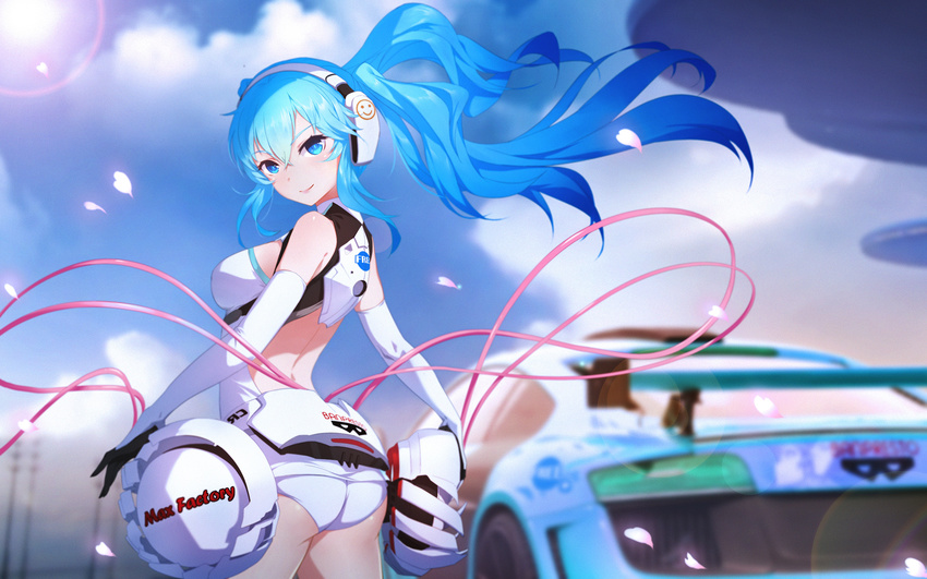aqua_eyes aqua_hair ass audi audi_r8 blurry breasts car cherry_blossoms cloud cloudy_sky cowboy_shot day depth_of_field elbow_gloves gloves goodsmile_company goodsmile_racing ground_vehicle hatsune_miku headphones headset highres long_hair looking_back max_factory medium_breasts motor_vehicle race_queen racing_miku racing_miku_(2014) sky smile solo sun thighhighs twintails very_long_hair vocaloid yijian_ma