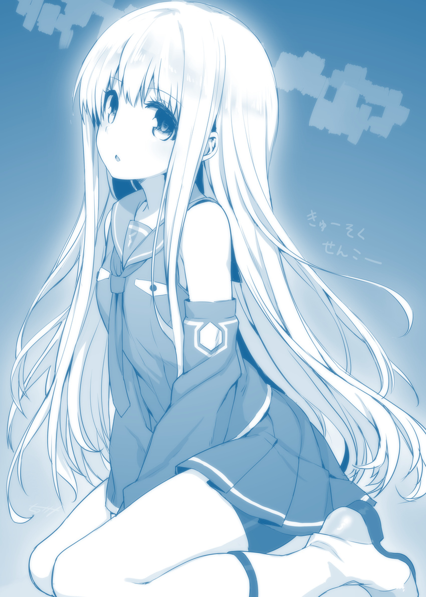 absurdres aoki_hagane_no_arpeggio between_legs bike_shorts boots detached_sleeves greyscale hand_between_legs highres hiraga_matsuri iona long_hair looking_at_viewer monochrome parted_lips personification pleated_skirt school_uniform serafuku sitting skirt solo translation_request v_arms wariza