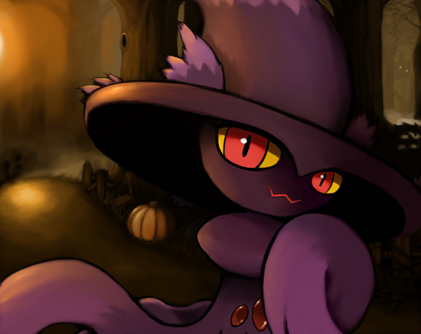 ambiguous_gender fence feral fog food forest fruit ghost grass hat light mismagius nintendo pok&eacute;mon pumpkin purple_body red_eyes solo spirit tree unknown_artist video_games witch_hat yellow_sclera
