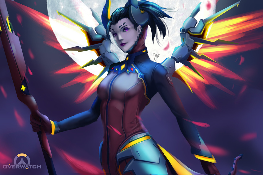 alternate_costume black_hair bodysuit breasts copyright_name cowboy_shot dark_persona demon_horns demon_tail devil_mercy ears facial_mark forehead_mark full_moon glowing glowing_wings highres holding holding_staff horns jessica_ong jpeg_artifacts lips logo looking_at_viewer md5_mismatch mechanical_wings mercy_(overwatch) moon night night_sky nose orange_wings outdoors overwatch ponytail purple_eyes sky small_breasts solo spread_wings staff tail wallpaper wings