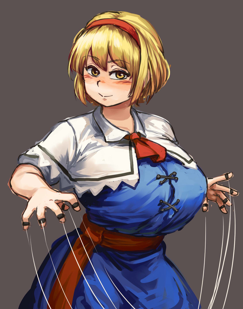 alice_margatroid ascot blonde_hair blue_dress blush breasts capelet chanta_(ayatakaoisii) closed_mouth cowboy_shot curvy dress grey_background hairband highres huge_breasts looking_at_viewer plump puppet_rings puppet_strings sash short_hair simple_background smile solo string touhou yellow_eyes