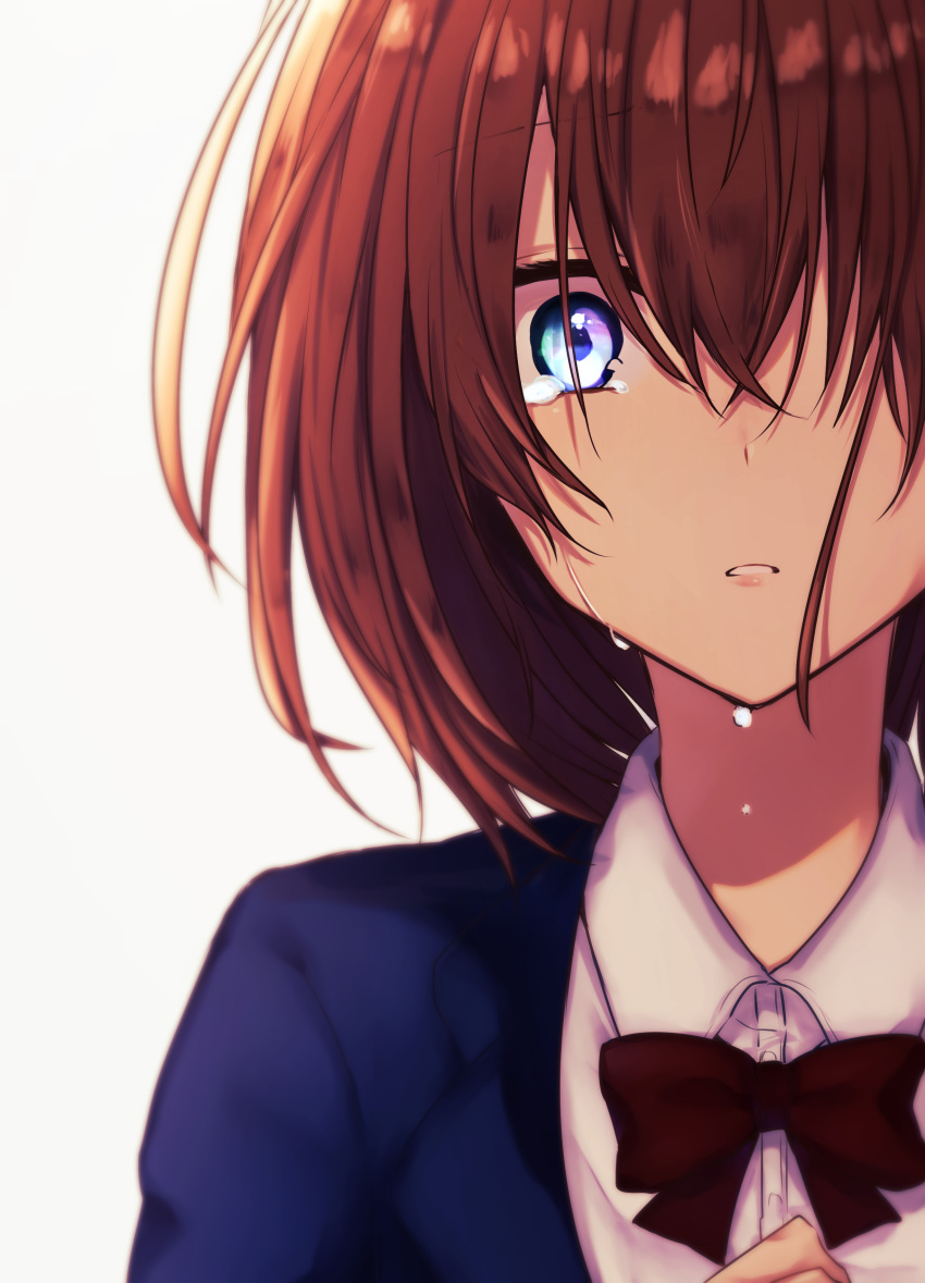 1girl absurdres bangs blazer blue_eyes blue_jacket bow bowtie brown_hair collared_shirt crying crying_with_eyes_open hair_between_eyes hand_on_own_chest hand_up highres jacket looking_at_viewer original parted_lips red_neckwear school_uniform shigure_tsuki shirt short_hair simple_background solo teardrop tears upper_body white_background white_shirt wing_collar