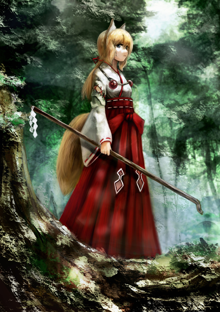 absurdres akira_(mydictionary) animal_ears blonde_hair blue_eyes forest fox_ears fox_girl fox_tail gohei hair_ribbon hakama highres holding japanese_clothes long_hair long_sleeves looking_to_the_side miko nature original outdoors ponytail red_hakama red_ribbon ribbon ribbon-trimmed_sleeves ribbon_trim shide solo standing tail wide_sleeves