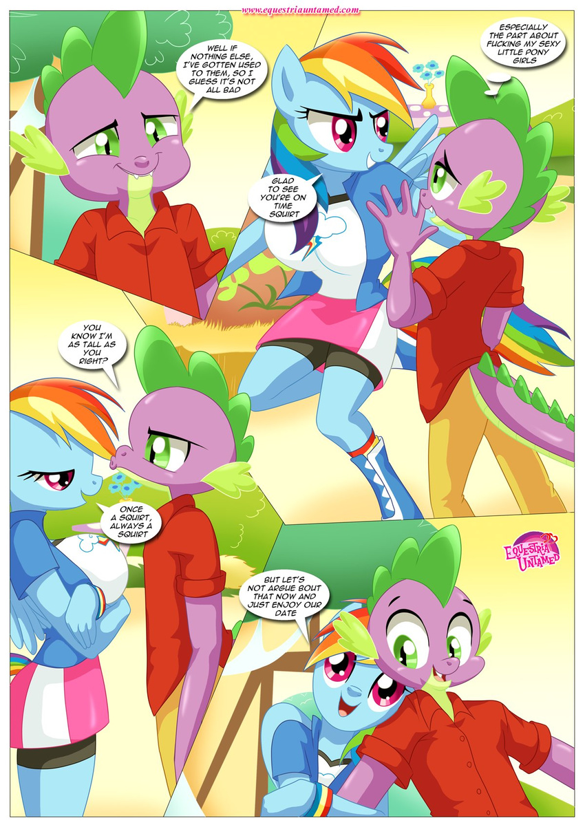 bbmbbf breasts clothing comic dialogue dragon female friendship_is_magic green_eyes hug invalid_tag male my_little_pony purple_eyes rainbow_dash_(mlp) smile spike_(mlp) wings