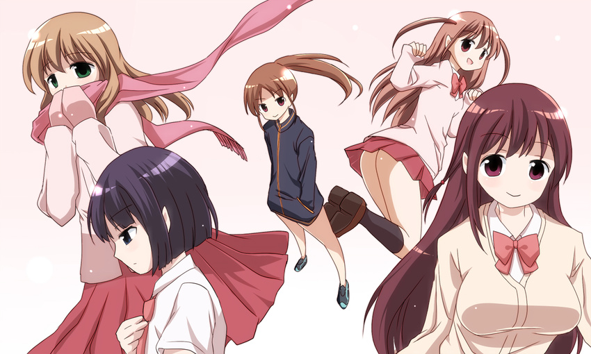 5girls bare_legs bottomless breasts female gradient gradient_background long_sleeves multiple_girls naked_track_jacket no_panties no_pants saki school_uniform skirt takakamo_shizuno uniform white_background