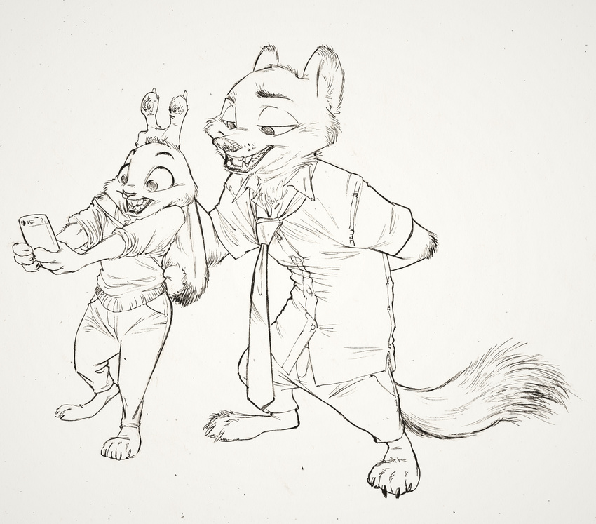 2016 absurd_res anthro black_and_white canine cellphone clothed clothing disney duo female fox hi_res holding_object judy_hopps lagomorph male mammal monochrome monoflax nick_wilde phone rabbit simple_background smile white_background zootopia