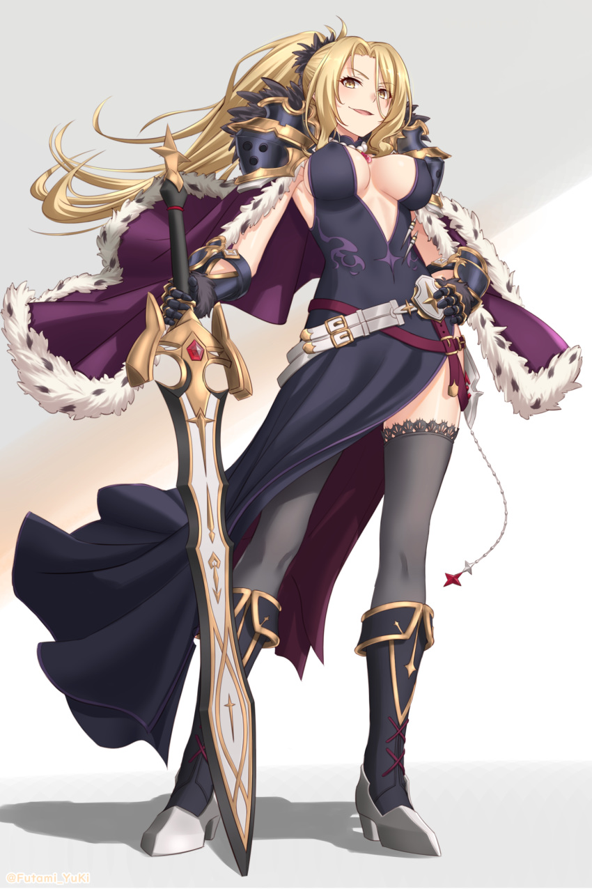 :d belt black_legwear blonde_hair boots breasts breasts_apart capelet christina_morgan cleavage_cutout commentary_request covered_nipples erect_nipples fur-trimmed_capelet fur_trim futami_(mg42fw190d) gauntlets hand_on_hip highres long_hair looking_at_viewer medium_breasts open_mouth pauldrons ponytail princess_connect! princess_connect!_re:dive shadow smile solo sword thighhighs weapon yellow_eyes