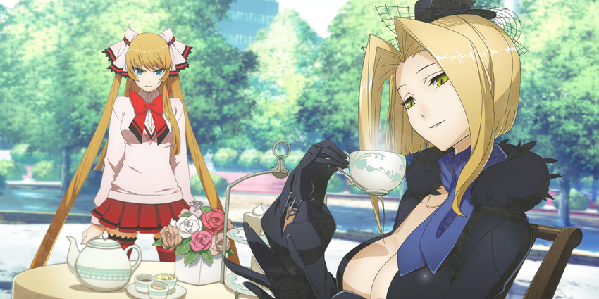 acht_(xblaze) blazblue blonde_hair blue_eyes bow bowtie breasts cup gloves hair_tie hat highres higuchi_konomi kuon_gramred_shutleheim large_breasts long_hair medium_breasts mole mole_under_eye multiple_girls scarf skirt tea teacup tiered_tray twintails xblaze xblaze_code:_embryo xblaze_lost:_memories yellow_eyes