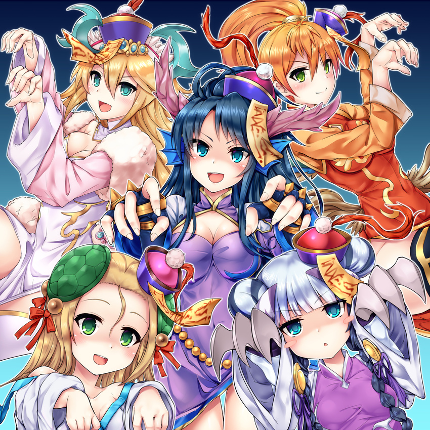 blonde_hair blue_eyes blush bow braid breasts china_dress chinese_clothes claw_(weapon) cleavage double_bun dragon_girl dragon_horns dress fur_trim green_eyes hair_between_eyes hair_bow hair_ornament haku_(p&amp;d) halloween hat head_fins highres horns jiangshi karin_(p&amp;d) leilan_(p&amp;d) long_hair medium_breasts meimei_(p&amp;d) multicolored_hair multiple_girls off_shoulder ofuda open_mouth orange_hair outstretched_arms purple_hair puzzle_&amp;_dragons sakuya_(p&amp;d) samoore shaded_face side_ponytail small_breasts smile spiked_knuckles turtle_shell twin_braids two-tone_hair weapon wings zombie_pose