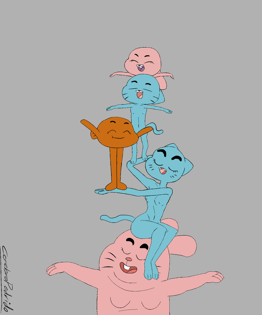 2015 anais_watterson anthro blue_fur breasts cartoon_network cerebropodrido digital_media_(artwork) eyes_closed family feline female fish fur group gumball_watterson lagomorph male mammal marine nicole_watterson nipples nude pose rabbit richard_watterson simple_background the_amazing_world_of_gumball young