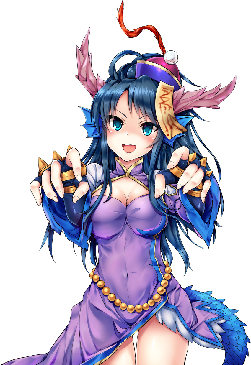 black_hair blue_eyes blush breasts china_dress chinese_clothes cleavage covered_navel dragon_girl dragon_horns dragon_tail dress fingerless_gloves gloves halloween hat head_fins highres horns jiangshi karin_(p&amp;d) large_breasts long_hair ofuda open_mouth outstretched_arms puzzle_&amp;_dragons samoore simple_background solo spiked_knuckles tail white_background zombie_pose