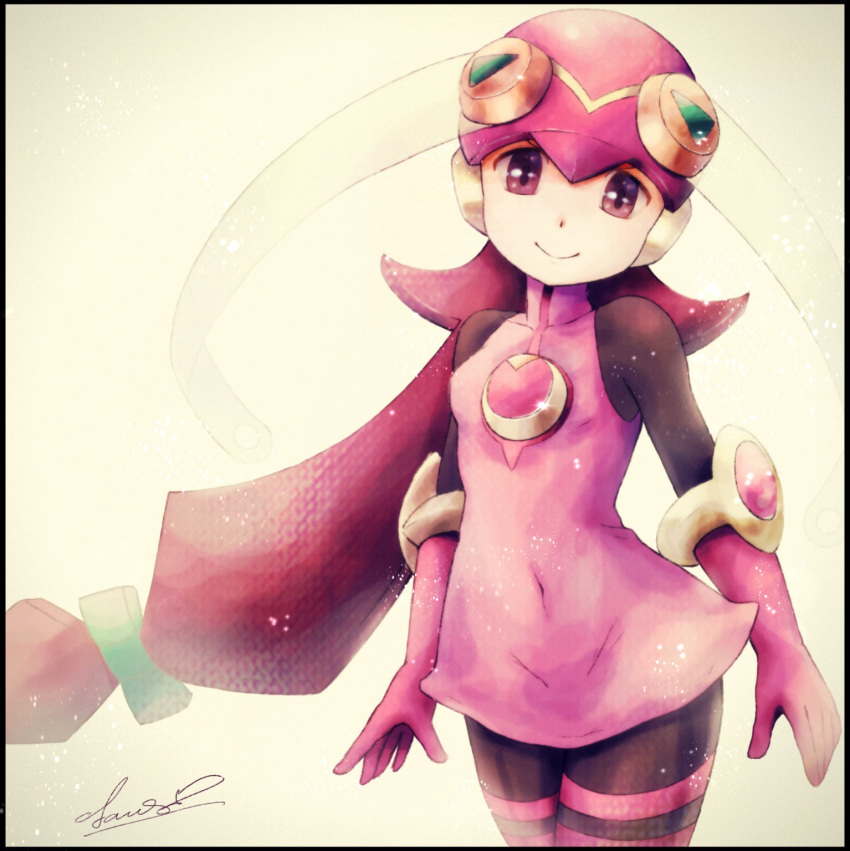 black_border border breasts brown_eyes covered_navel cowboy_shot dress elbow_gloves gloves head_tilt helmet highres long_hair looking_at_viewer low-tied_long_hair pink_gloves rockman rockman_exe roll_exe sakurai_meiru short_dress signature skin_tight small_breasts smile solo standing suama-yuki