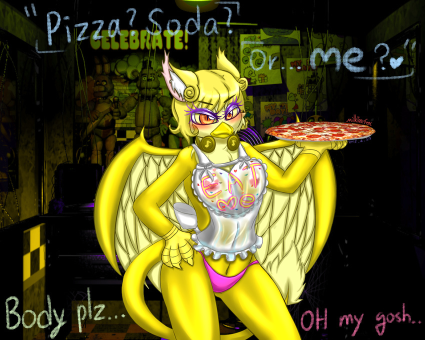 2016 animal_humanoid anthro avian beak blush breasts chica_(fnaf) clothed clothing digital_media_(artwork) eyelashes feathered_wings feathers female five_nights_at_freddies five_nights_at_freddy's food gryphon hair hi_res humanoid kemono looking_at_viewer mammal milkteafox panties text underwear video_games wet wings