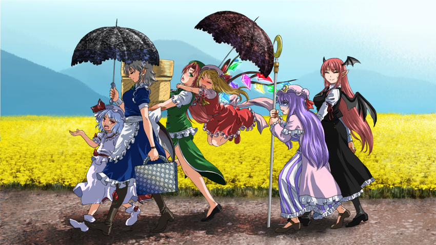 :d :o ^_^ apron armband bag basket bat_wings beret black_legwear blonde_hair blue_dress blue_hair blush boots bow box braid breasts china_dress chinese_clothes closed_eyes commentary_request crescent crescent_hair_ornament day dress fang field flandre_scarlet flower flower_field frilled_dress frills full_body glomp green_dress green_eyes grey_hair hair_ornament hat hat_bow head_wings hill holding holding_bag holding_box holding_umbrella hong_meiling hug hug_from_behind izayoi_sakuya juliet_sleeves koakuma leaning_forward loafers long_hair long_sleeves looking_at_another looking_back maid maid_headdress mary_janes medium_breasts mob_cap multiple_girls necktie nose_blush open_mouth outdoors pantyhose parasol patchouli_knowledge path pointy_ears puffy_sleeves purple_dress purple_eyes purple_hair red_eyes red_hair red_neckwear remilia_scarlet road shoes short_hair short_sleeves shundou_heishirou side_ponytail side_slit skirt skirt_set sky smile staff star striped striped_dress sweat sweatdrop tired touhou turn_pale twin_braids umbrella vertical_stripes very_long_hair vest waist_apron walking wings