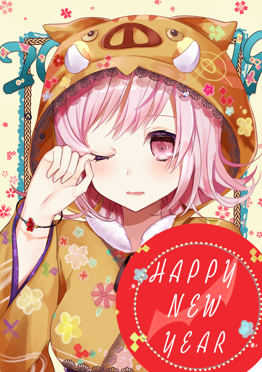 1girl 2019 absurdres alternate_costum bangs blush bracelet breasts commentary_request costume danganronpa danganronpa_3 eyebrows_visible_through_hair face flipped_hair flower hair_ornament hairclip hand_on_own_face happy_new_year highres hood hood_up hoodie jewelry large_breasts looking_down nanami_chiaki nengajou new_year one_eye_closed open_mouth out_of_frame pig pink_eyes pink_hair shiny short_hair sleepy solo super_danganronpa_2 tsukasa_(pixiv34617881)