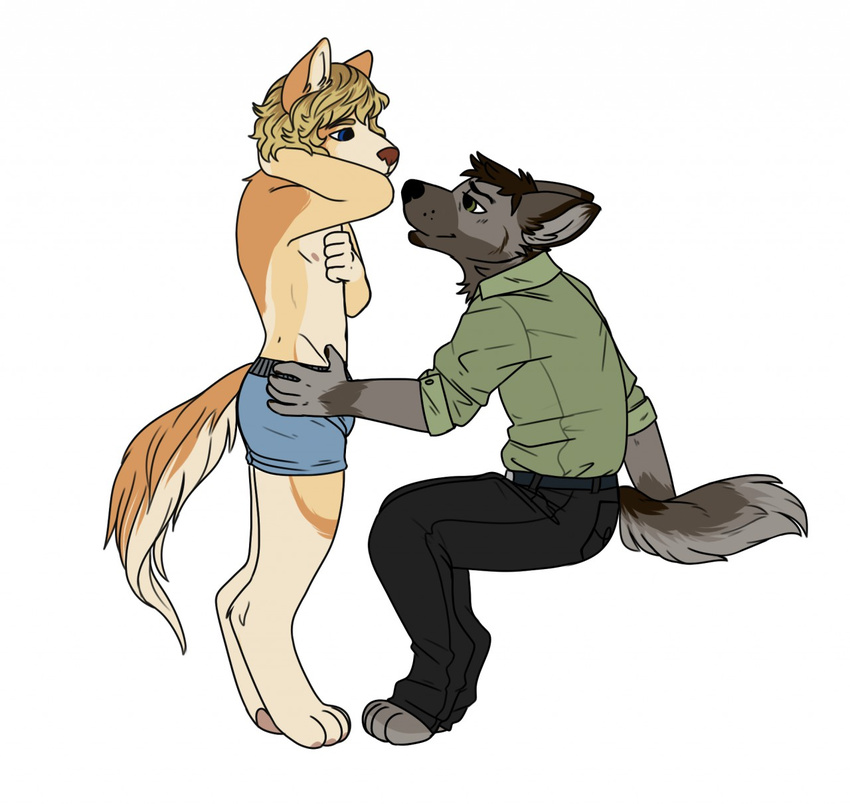 anthro briefs bulge canine clothed clothing duo male mammal rorr simple_background sitting smile standing underwear white_background